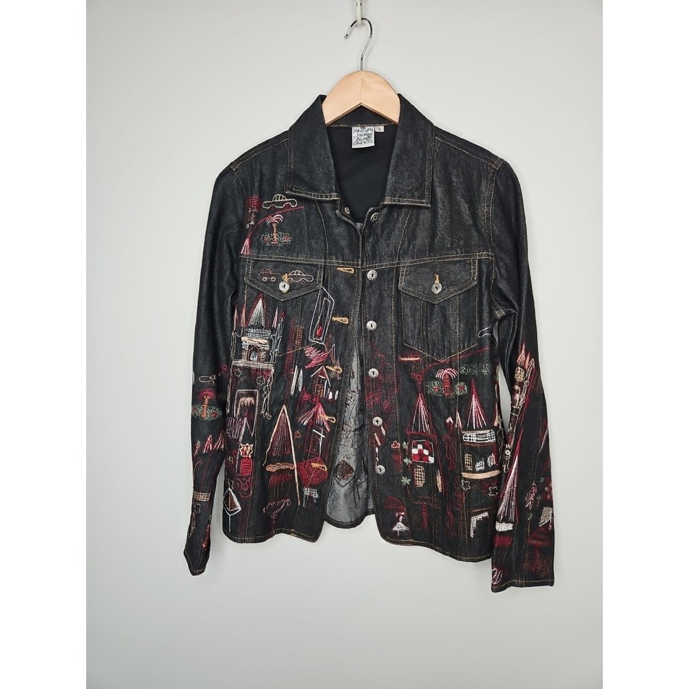 Parsley & Sage Jean Jacket Small Dark Embroidered Boho Artsy Kitsch CottageCore